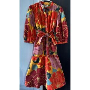 FARM Rio Floral Button Up Midi Dress Tiered Skirt Belted Puff Sleeve Size L